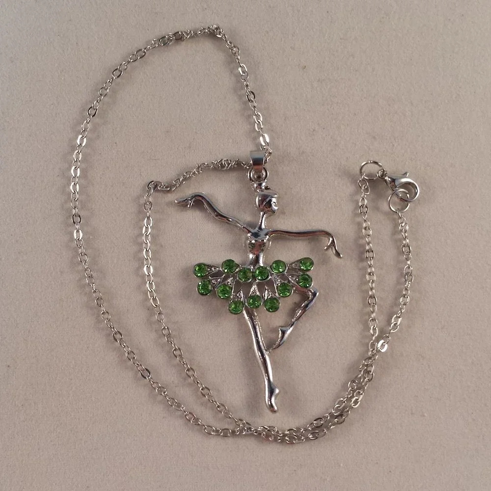 Silver Ballerina Dancer Green Crystal Gemstone Pendant Necklace Gorgeous Gift